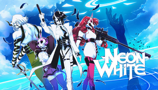 Official cover art for the fast-paced first-person shooter game Neon White featuring a stylized character against a vibrant background.