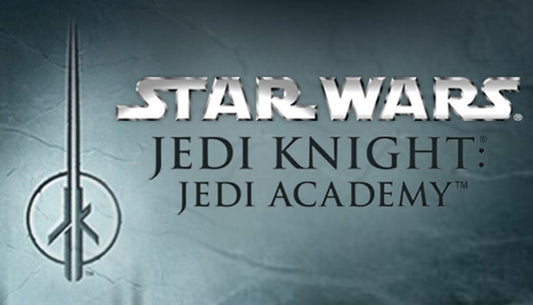 Cover art for STAR WARS Jedi Knight - Jedi Academy on a textured gray stone background. To the left is a metallic Jedi Order insignia with an elongated vertical blade, and to the right is the game title written in stacked metallic and black serif fonts.