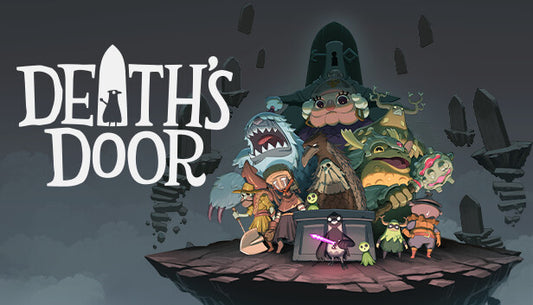 Official cover art for Death's Door featuring a small crow carrying a sword against a dark, atmospheric background.