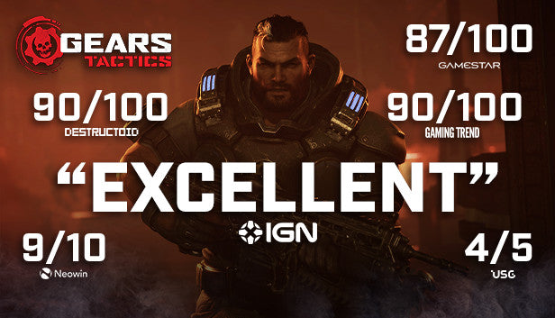 Official cover art for the strategy game Gears Tactics featuring armored soldiers in a dark, sci-fi setting.