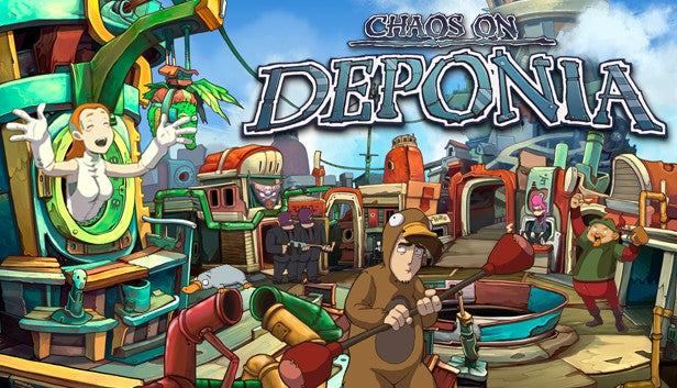 Cover art for the adventure game Chaos on Deponia featuring Rufus in a platypus costume and Goal in a bustling scrap town.