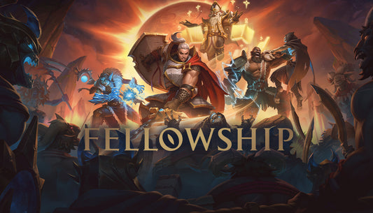 Official cover art for the action RPG Fellowship featuring stylized characters and a dragon in a fantasy setting.