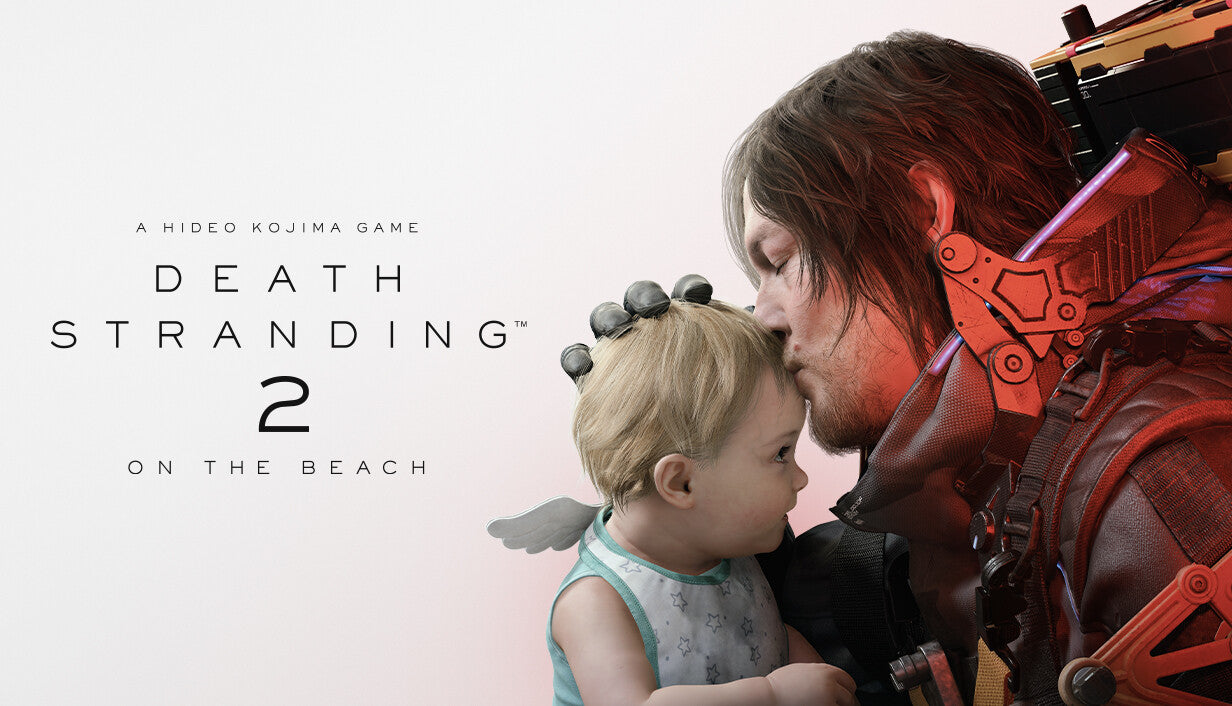 Official Death Stranding 2: On The Beach cover art featuring Sam Bridges tenderly kissing Lou on the forehead.