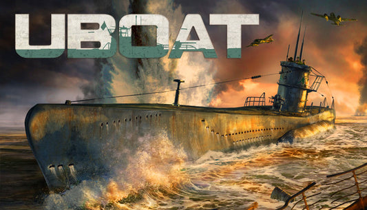 Official cover art for UBOAT, a World War II submarine simulation game featuring a U-boat on the ocean surface.