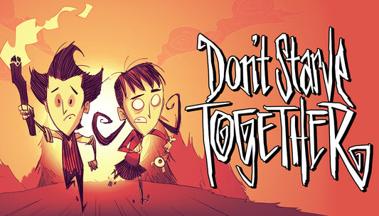 Official cover art for Don't Starve Together featuring stylized characters in a dark, hand-drawn wilderness setting.