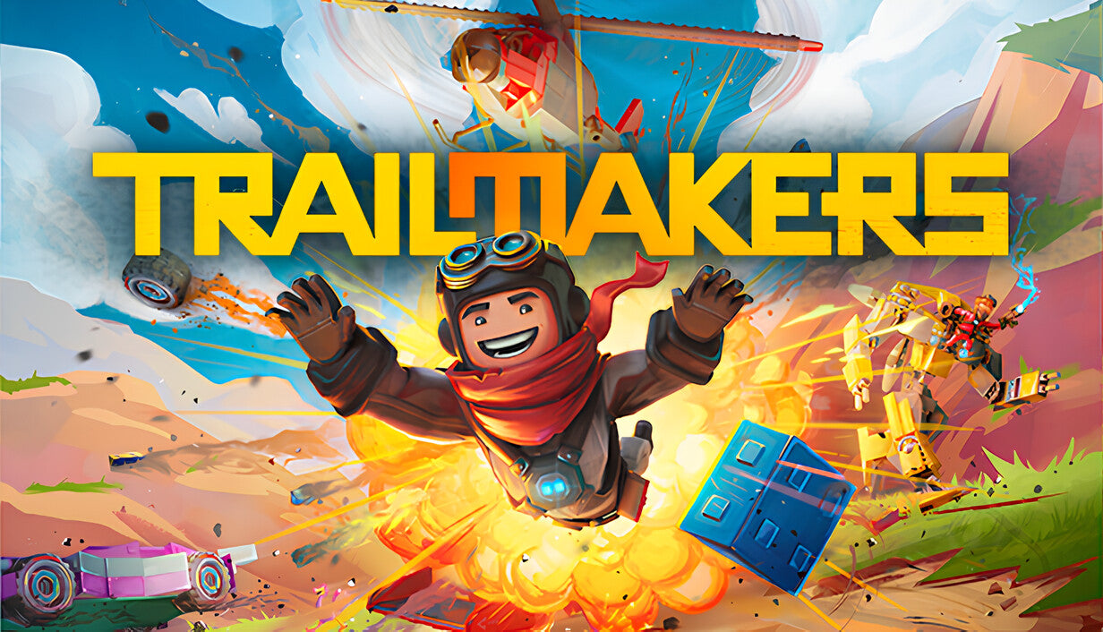 Official cover art for Trailmakers featuring a custom-built yellow vehicle driving through a vibrant, stylized landscape.