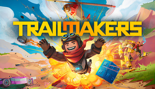 Official cover art for Trailmakers featuring a custom-built yellow vehicle driving through a vibrant, stylized landscape.