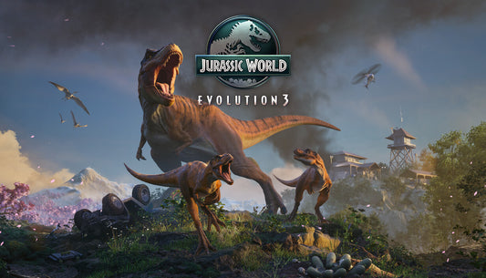 Official cover art for Jurassic World Evolution 3 featuring a dinosaur and building silhouettes against a sunset.