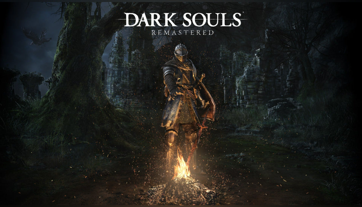 Official cover art for DARK SOULS: REMASTERED featuring a knight in armor kneeling by a bonfire on a dark background.