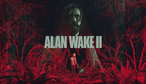 Official cover art for the psychological horror game Alan Wake 2 featuring a man in a dark, atmospheric forest setting.