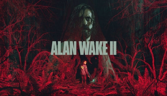 Official cover art for the psychological horror game Alan Wake 2 featuring a man in a dark, atmospheric forest setting.