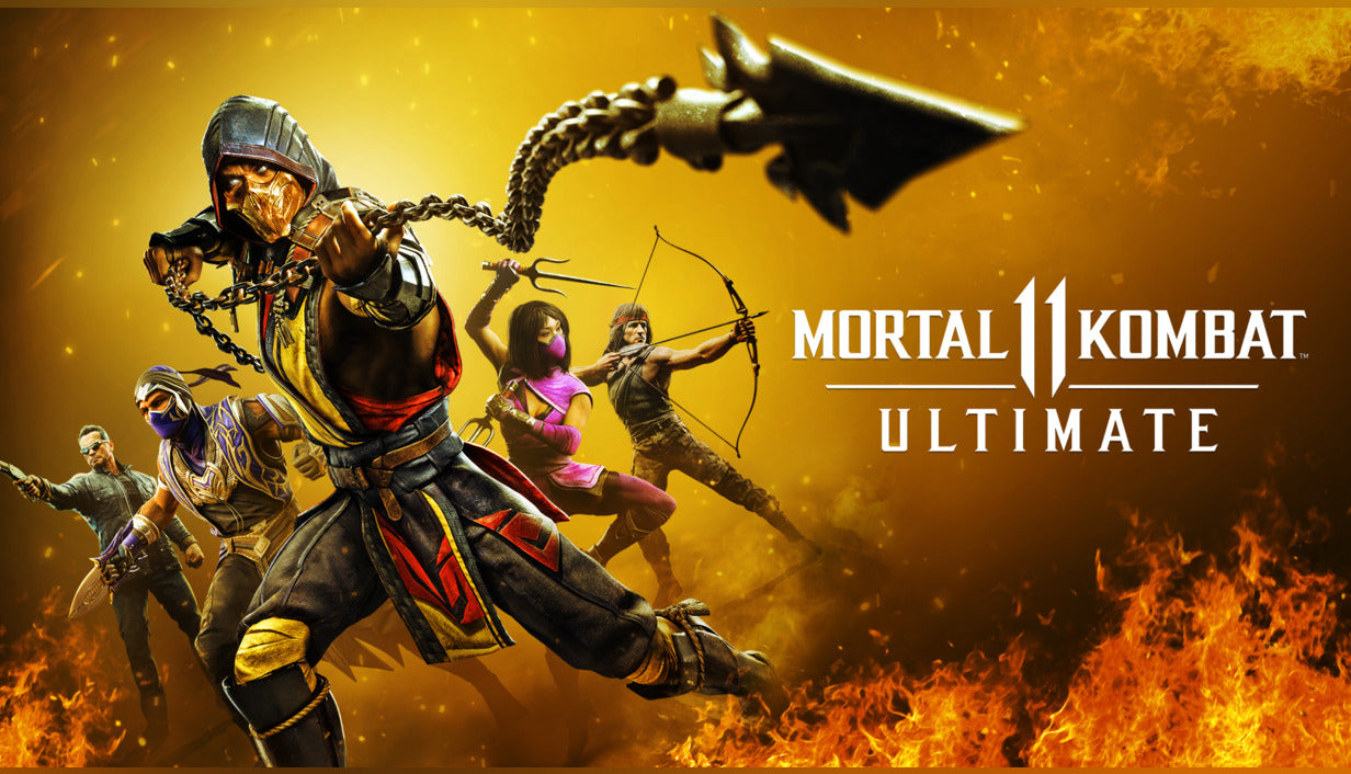 Official cover art for Mortal Kombat 11 Ultimate Edition featuring Scorpion against a vibrant yellow background.