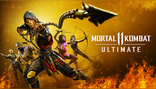 Official cover art for Mortal Kombat 11 Ultimate Edition featuring Scorpion against a vibrant yellow background.