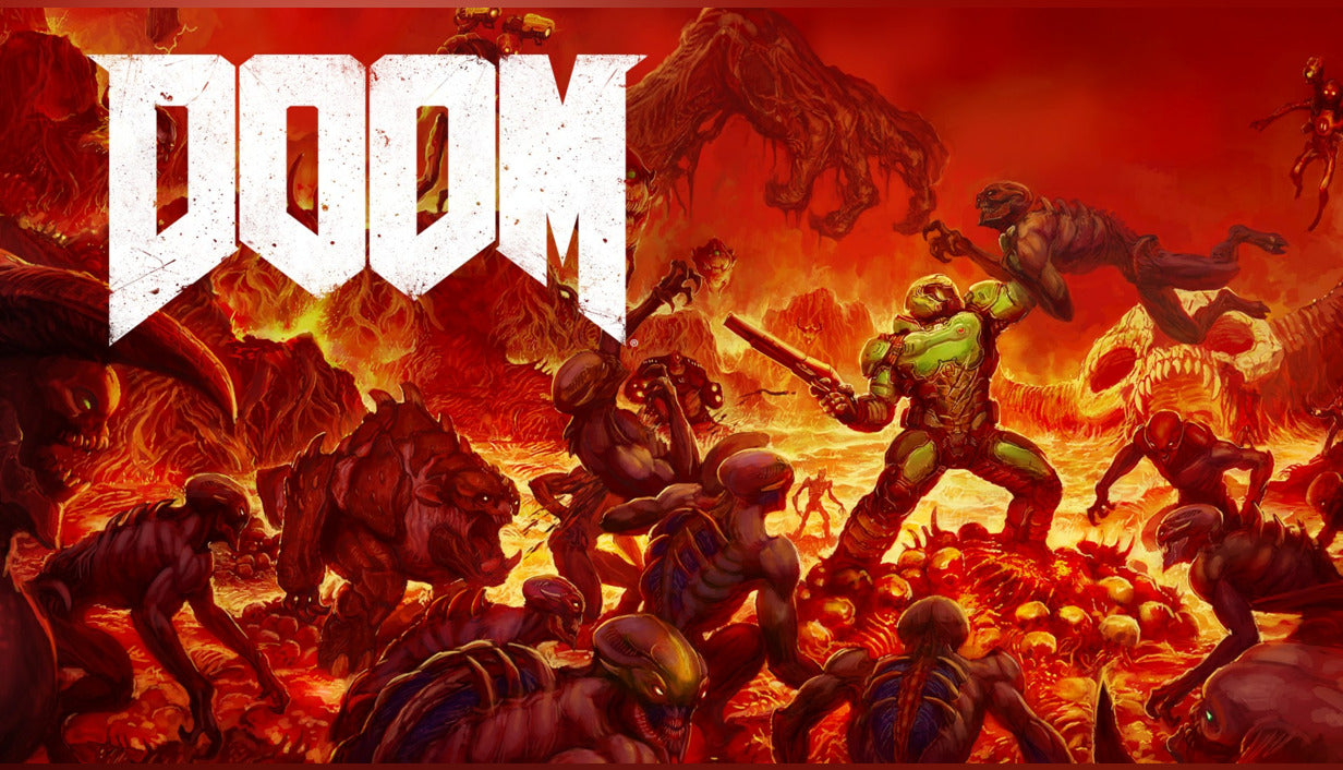 Official cover art for the first-person shooter DOOM featuring a space marine fighting a demonic horde.
