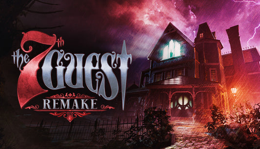 Cover art for The 7th Guest Remake, illustrating a creepy, sprawling haunted mansion at night during a violent thunderstorm, with a lone silhouette visible in an illuminated upper window.