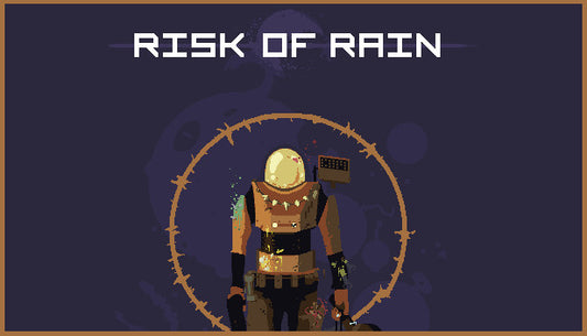 Official cover art for the 2D roguelike Risk of Rain (2013) featuring a stylized sci-fi environment and pixel graphics.
