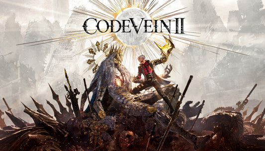 Official cover art for CODE VEIN II featuring an anime-style character holding a giant blade over a defeated enemy