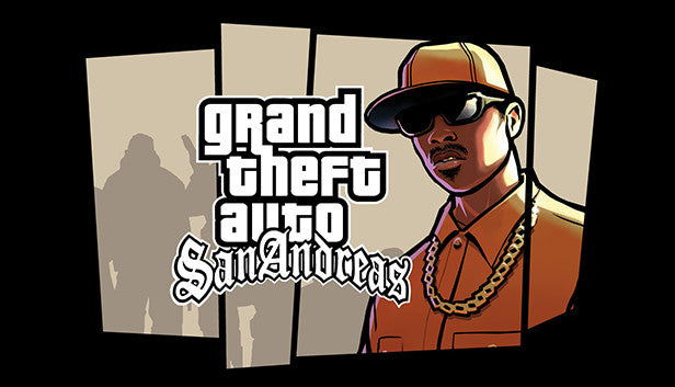 Official key art for Grand Theft Auto: San Andreas PC Steam edition, featuring iconic characters and street scenes from Los Santos.