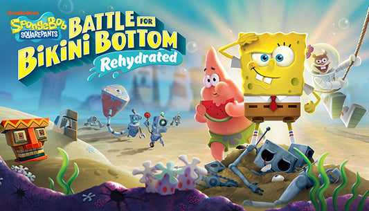 Official cover art for SpongeBob SquarePants: Battle for Bikini Bottom - Rehydrated featuring SpongeBob, Patrick, and Sandy.