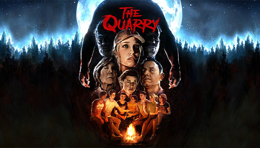 Official cover art for the horror game The Quarry featuring a group of characters around a campfire at night.