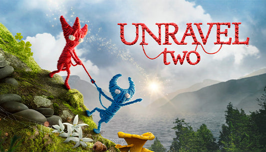 Official cover art for the puzzle-platformer Unravel Two featuring two Yarnys connected by a single thread.