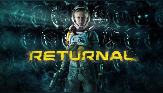 Official cover art for the PS5 roguelike shooter game Returnal featuring a sci-fi astronaut in front of an alien background.