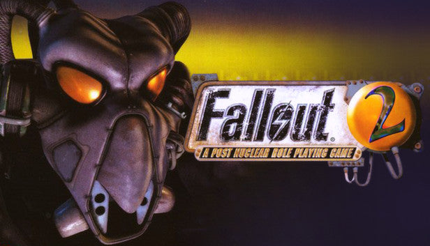 Official game cover art for Fallout 2: A Post Nuclear Role Playing Game featuring a bleak post-apocalyptic power armor helmet.