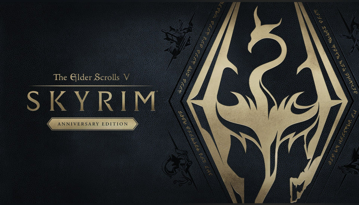Official cover art for The Elder Scrolls V: Skyrim Anniversary Edition featuring the iconic silver dragon emblem.