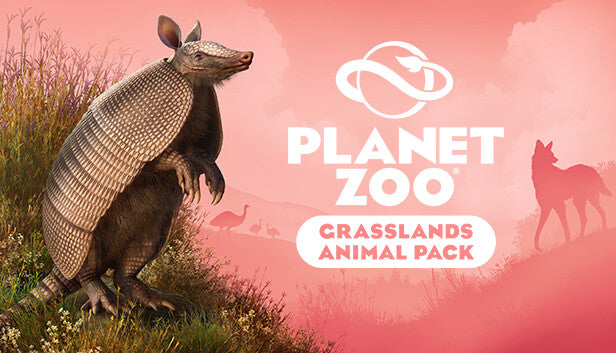 Planet Zoo: Grasslands Animal Pack cover art featuring an armadillo in tall grass against a pink sunset with animal silhouettes.