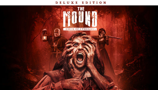 Cover art for The Mound: Omen of Cthulhu Deluxe Edition, a first-person survival horror roguelike video game.