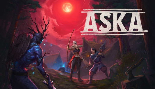 Official cover art for ASKA, a survival colony sim game featuring a Viking warrior overlooking a coastal settlement.