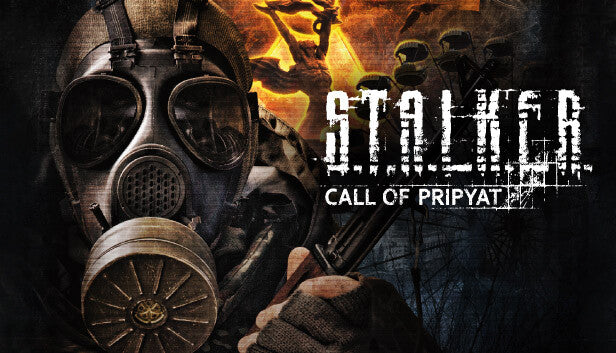 Official cover art for the post-apocalyptic survival game S.T.A.L.K.E.R.: Call of Prypiat featuring a gas mask.
