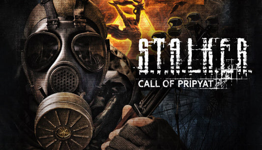 Official cover art for the post-apocalyptic survival game S.T.A.L.K.E.R.: Call of Prypiat featuring a gas mask.