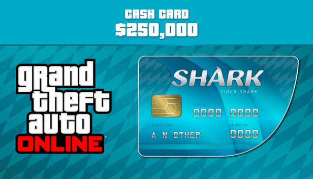 Official GTA Online Tiger Shark Cash Card cover art featuring Grand Theft Auto artwork for the Rockstar Games Launcher on PC.