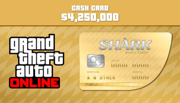 Official GTA Online Whale Shark Cash Card art featuring luxury gold diamond patterns and a $4,250,000 value text.